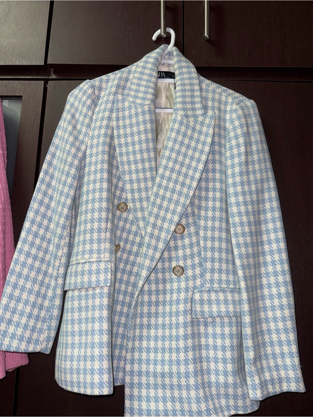 ZARA Light Blue & White Houndstooth Double-Breasted Blazer